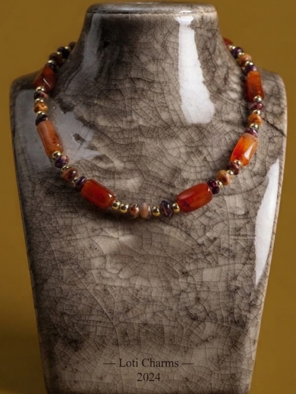 Large Natural Carnelian and Gold Plated Hematite in Earth Necklace
